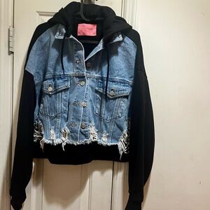 Signature 8 Distressed Denim and Black Hooded Women's Cropped Jacket with Hoodie